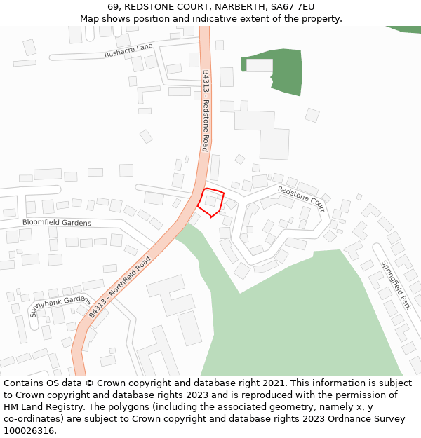 69, REDSTONE COURT, NARBERTH, SA67 7EU: Location map and indicative extent of plot