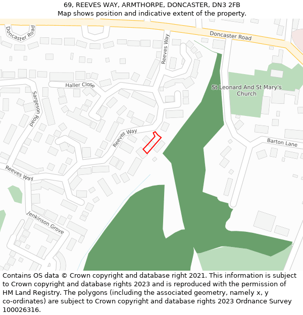 69, REEVES WAY, ARMTHORPE, DONCASTER, DN3 2FB: Location map and indicative extent of plot