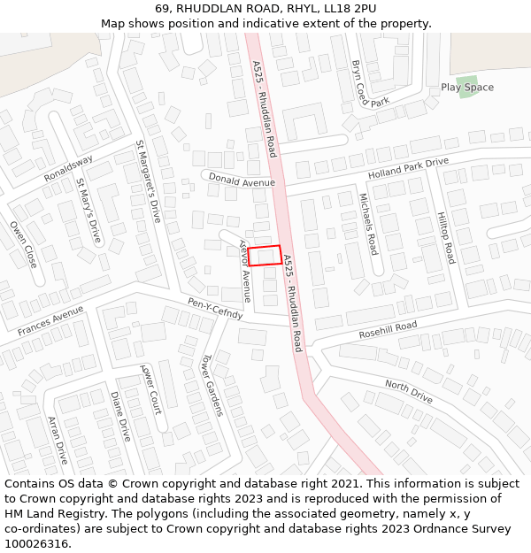 69, RHUDDLAN ROAD, RHYL, LL18 2PU: Location map and indicative extent of plot