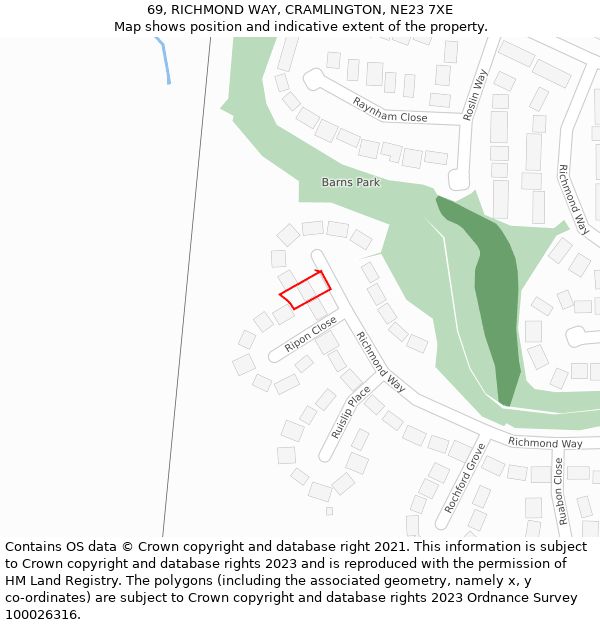69, RICHMOND WAY, CRAMLINGTON, NE23 7XE: Location map and indicative extent of plot