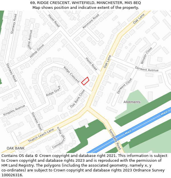 69, RIDGE CRESCENT, WHITEFIELD, MANCHESTER, M45 8EQ: Location map and indicative extent of plot