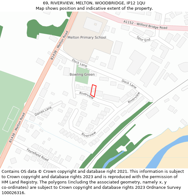 69, RIVERVIEW, MELTON, WOODBRIDGE, IP12 1QU: Location map and indicative extent of plot