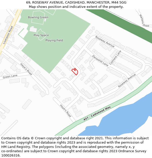 69, ROSEWAY AVENUE, CADISHEAD, MANCHESTER, M44 5GG: Location map and indicative extent of plot