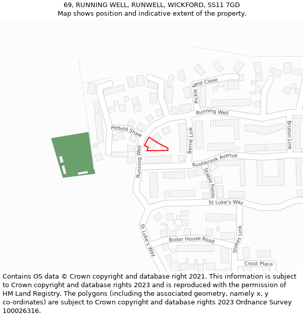 69, RUNNING WELL, RUNWELL, WICKFORD, SS11 7GD: Location map and indicative extent of plot