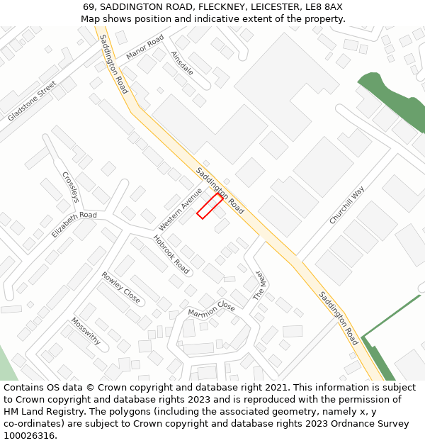 69, SADDINGTON ROAD, FLECKNEY, LEICESTER, LE8 8AX: Location map and indicative extent of plot