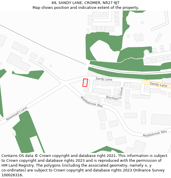 69, SANDY LANE, CROMER, NR27 9JT: Location map and indicative extent of plot