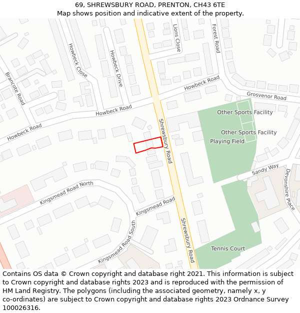 69, SHREWSBURY ROAD, PRENTON, CH43 6TE: Location map and indicative extent of plot