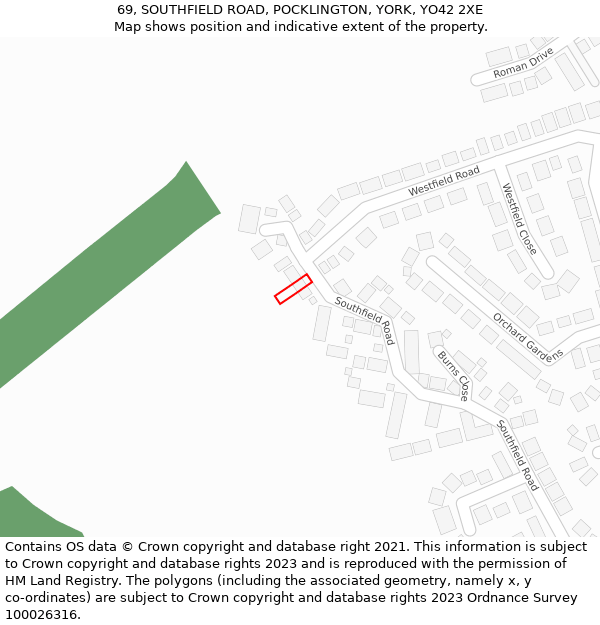 69, SOUTHFIELD ROAD, POCKLINGTON, YORK, YO42 2XE: Location map and indicative extent of plot