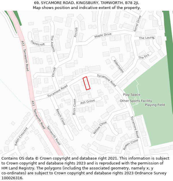 69, SYCAMORE ROAD, KINGSBURY, TAMWORTH, B78 2JL: Location map and indicative extent of plot