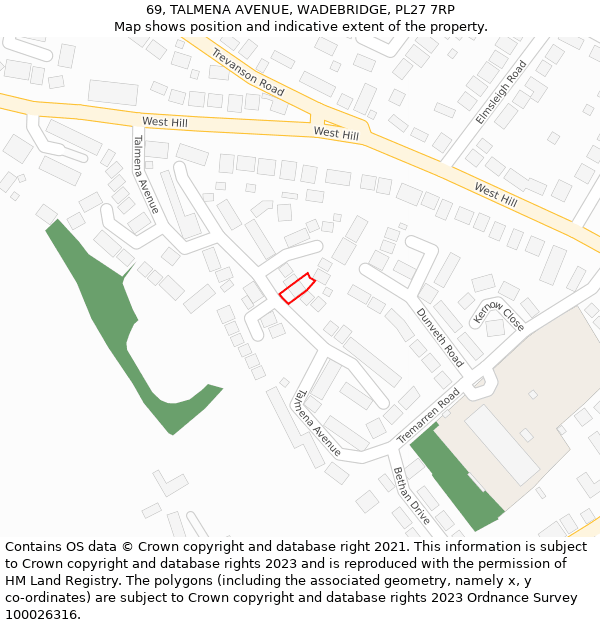 69, TALMENA AVENUE, WADEBRIDGE, PL27 7RP: Location map and indicative extent of plot