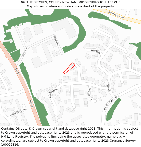 69, THE BIRCHES, COULBY NEWHAM, MIDDLESBROUGH, TS8 0UB: Location map and indicative extent of plot