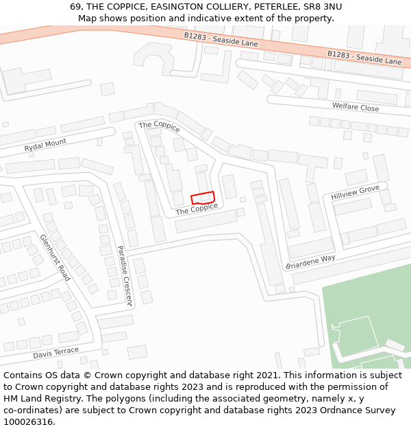 69, THE COPPICE, EASINGTON COLLIERY, PETERLEE, SR8 3NU: Location map and indicative extent of plot