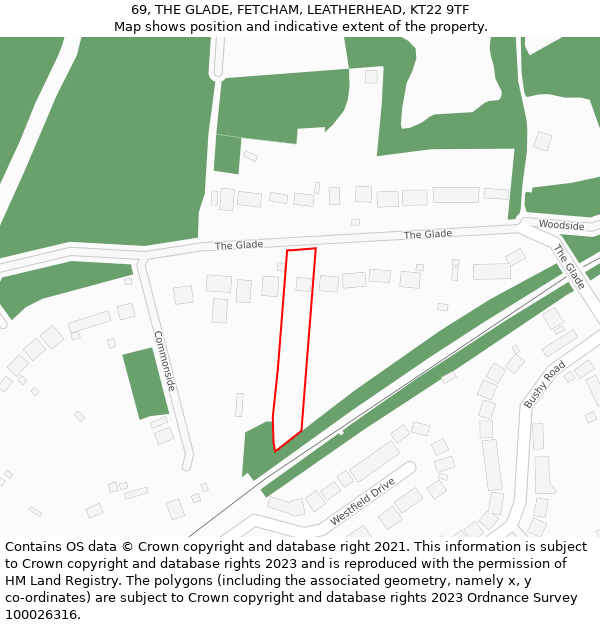 69, THE GLADE, FETCHAM, LEATHERHEAD, KT22 9TF: Location map and indicative extent of plot