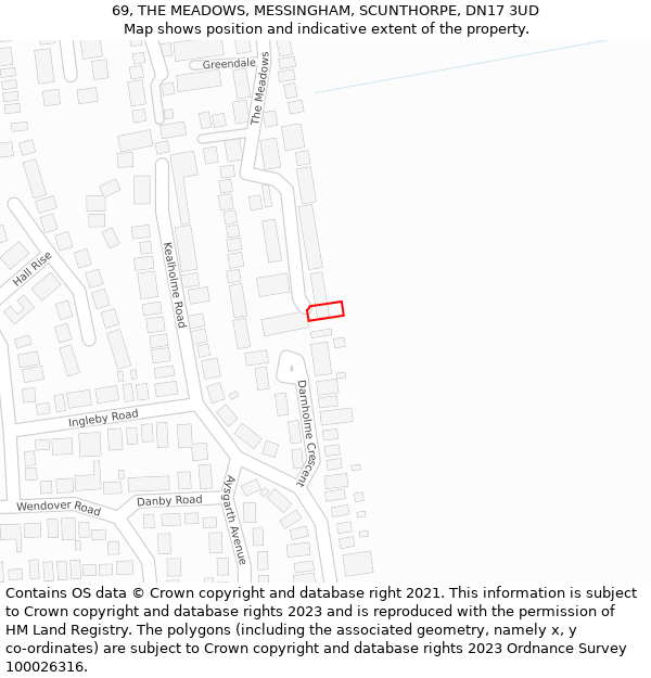 69, THE MEADOWS, MESSINGHAM, SCUNTHORPE, DN17 3UD: Location map and indicative extent of plot