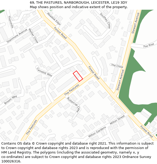 69, THE PASTURES, NARBOROUGH, LEICESTER, LE19 3DY: Location map and indicative extent of plot