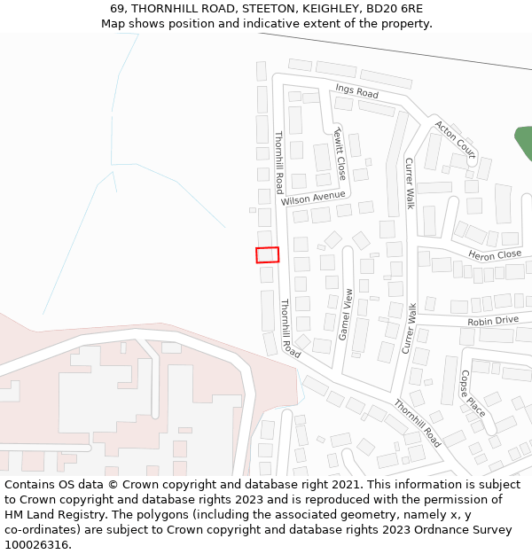 69, THORNHILL ROAD, STEETON, KEIGHLEY, BD20 6RE: Location map and indicative extent of plot