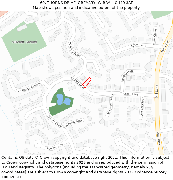 69, THORNS DRIVE, GREASBY, WIRRAL, CH49 3AF: Location map and indicative extent of plot