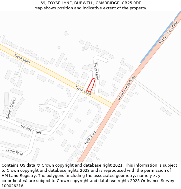 69, TOYSE LANE, BURWELL, CAMBRIDGE, CB25 0DF: Location map and indicative extent of plot