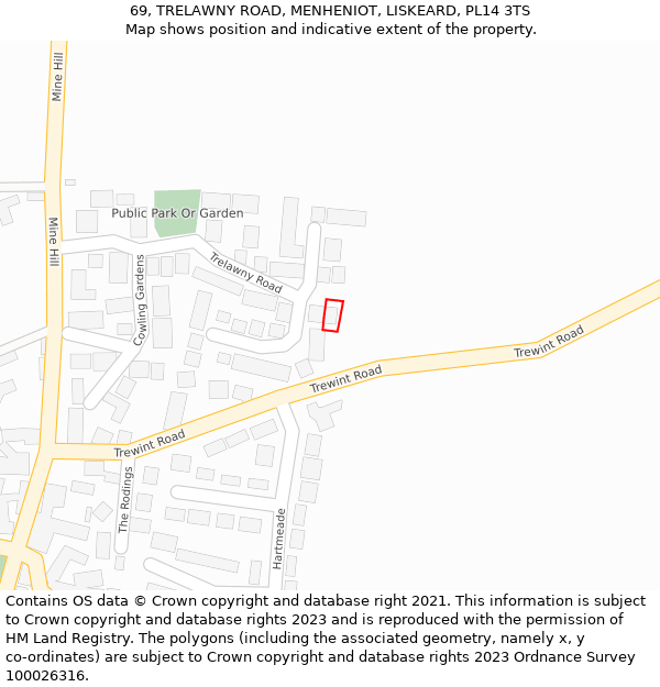 69, TRELAWNY ROAD, MENHENIOT, LISKEARD, PL14 3TS: Location map and indicative extent of plot