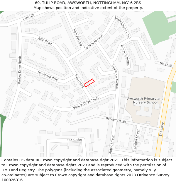 69, TULIP ROAD, AWSWORTH, NOTTINGHAM, NG16 2RS: Location map and indicative extent of plot