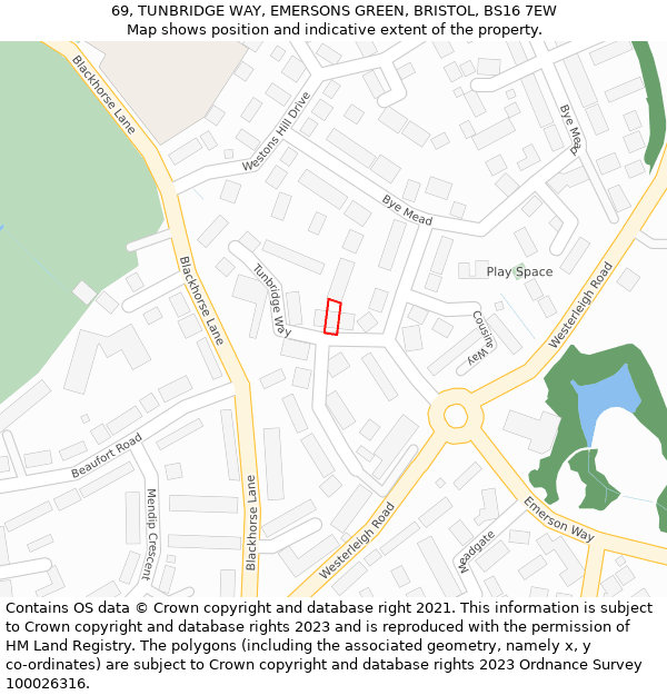 69, TUNBRIDGE WAY, EMERSONS GREEN, BRISTOL, BS16 7EW: Location map and indicative extent of plot