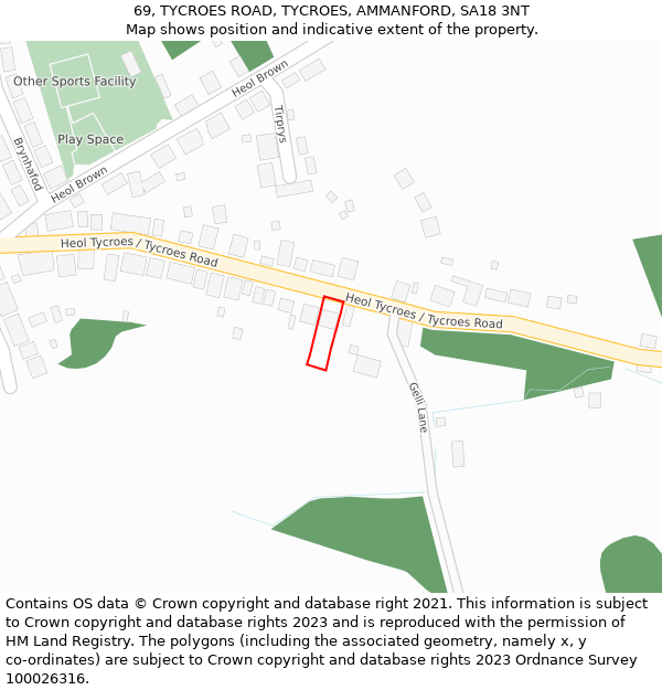 69, TYCROES ROAD, TYCROES, AMMANFORD, SA18 3NT: Location map and indicative extent of plot