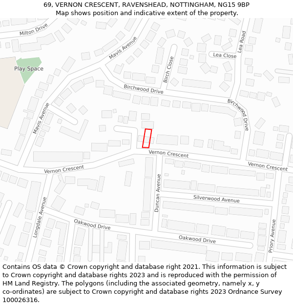 69, VERNON CRESCENT, RAVENSHEAD, NOTTINGHAM, NG15 9BP: Location map and indicative extent of plot