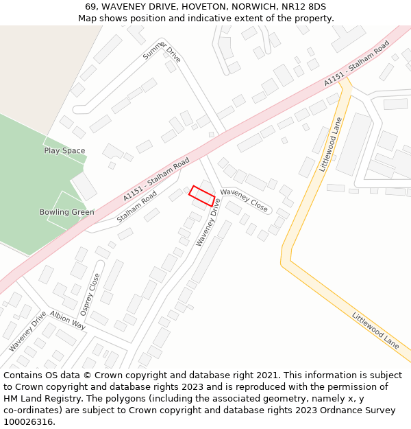 69, WAVENEY DRIVE, HOVETON, NORWICH, NR12 8DS: Location map and indicative extent of plot