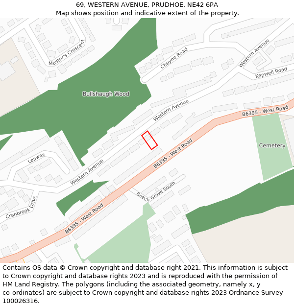 69, WESTERN AVENUE, PRUDHOE, NE42 6PA: Location map and indicative extent of plot