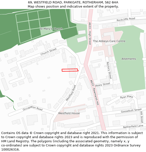 69, WESTFIELD ROAD, PARKGATE, ROTHERHAM, S62 6HA: Location map and indicative extent of plot