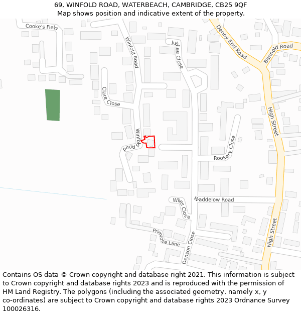 69, WINFOLD ROAD, WATERBEACH, CAMBRIDGE, CB25 9QF: Location map and indicative extent of plot