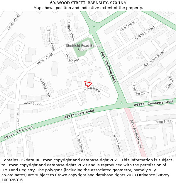 69, WOOD STREET, BARNSLEY, S70 1NA: Location map and indicative extent of plot