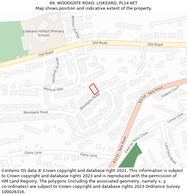 69, WOODGATE ROAD, LISKEARD, PL14 6ET: Location map and indicative extent of plot