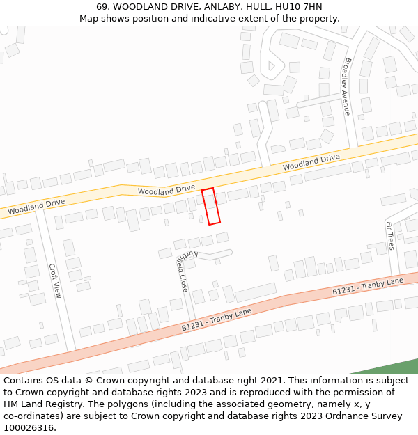 69, WOODLAND DRIVE, ANLABY, HULL, HU10 7HN: Location map and indicative extent of plot