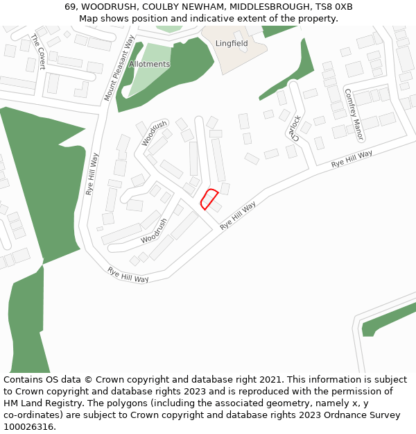 69, WOODRUSH, COULBY NEWHAM, MIDDLESBROUGH, TS8 0XB: Location map and indicative extent of plot