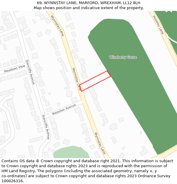 69, WYNNSTAY LANE, MARFORD, WREXHAM, LL12 8LH: Location map and indicative extent of plot