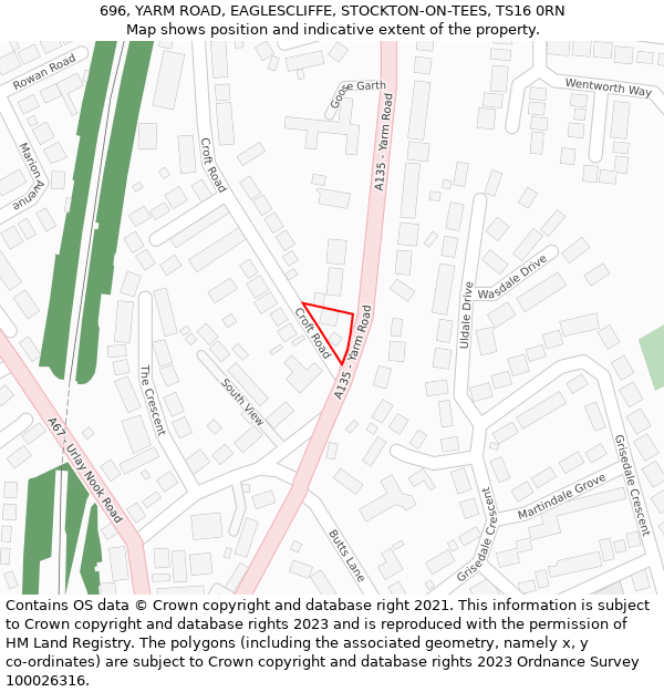 696, YARM ROAD, EAGLESCLIFFE, STOCKTON-ON-TEES, TS16 0RN: Location map and indicative extent of plot