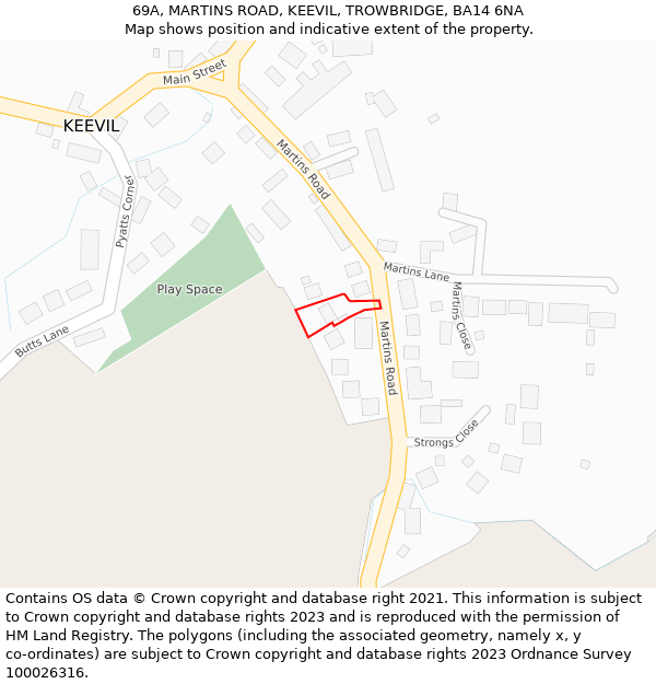 69A, MARTINS ROAD, KEEVIL, TROWBRIDGE, BA14 6NA: Location map and indicative extent of plot