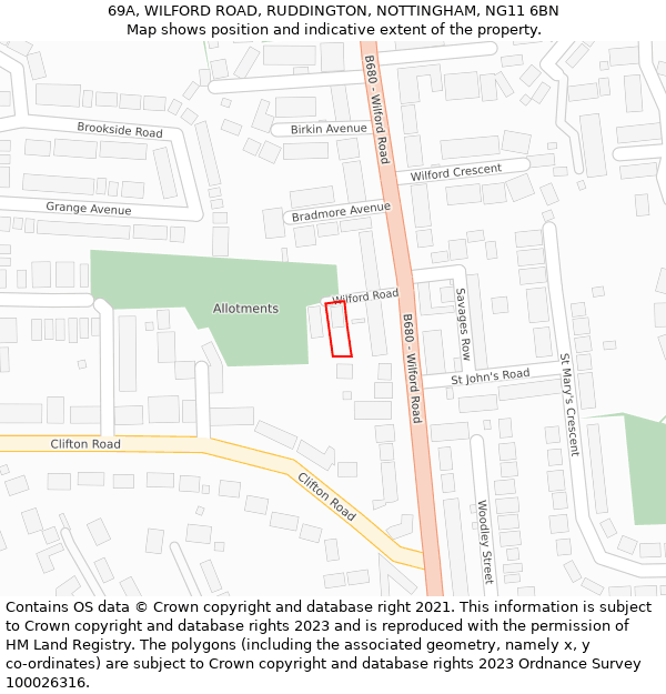69A, WILFORD ROAD, RUDDINGTON, NOTTINGHAM, NG11 6BN: Location map and indicative extent of plot