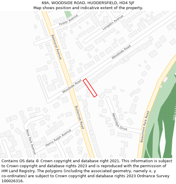 69A, WOODSIDE ROAD, HUDDERSFIELD, HD4 5JF: Location map and indicative extent of plot