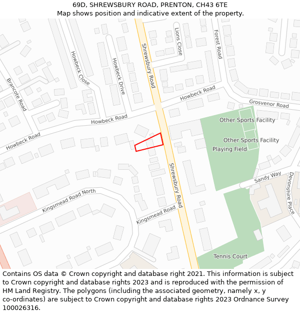 69D, SHREWSBURY ROAD, PRENTON, CH43 6TE: Location map and indicative extent of plot