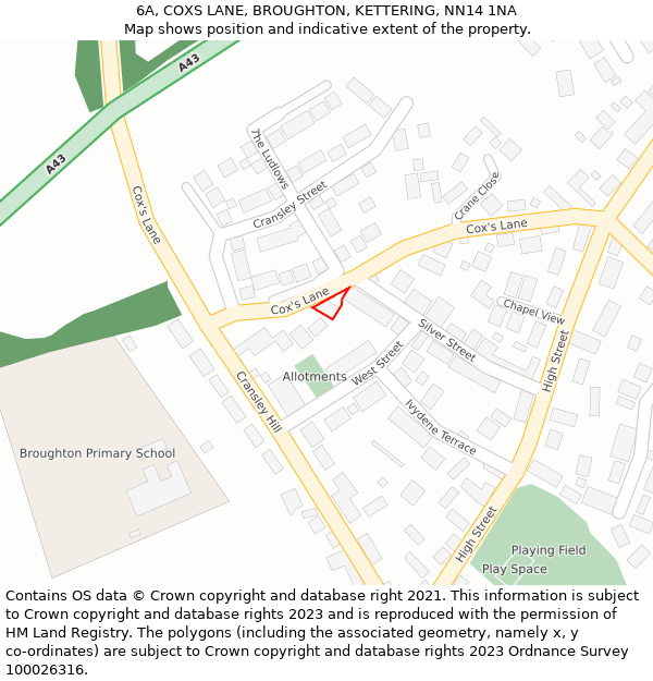 6A, COXS LANE, BROUGHTON, KETTERING, NN14 1NA: Location map and indicative extent of plot