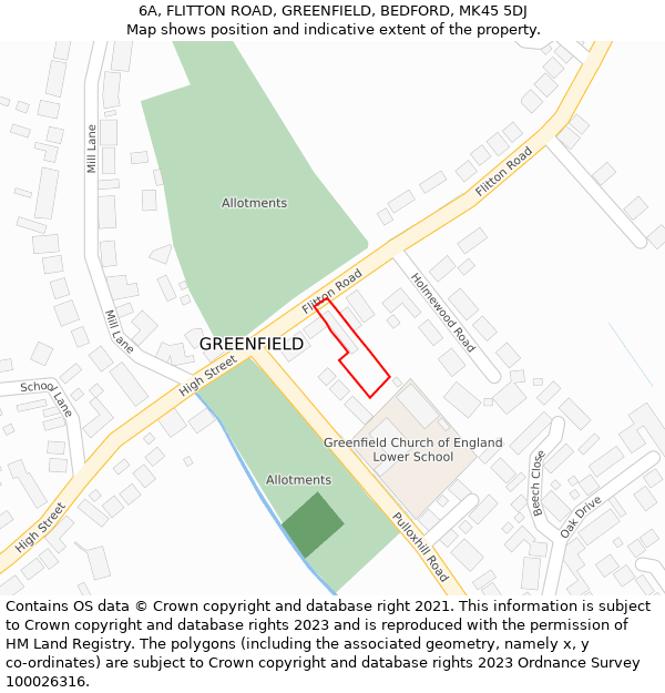 6A, FLITTON ROAD, GREENFIELD, BEDFORD, MK45 5DJ: Location map and indicative extent of plot