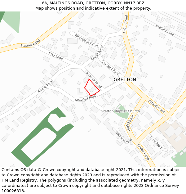 6A, MALTINGS ROAD, GRETTON, CORBY, NN17 3BZ: Location map and indicative extent of plot