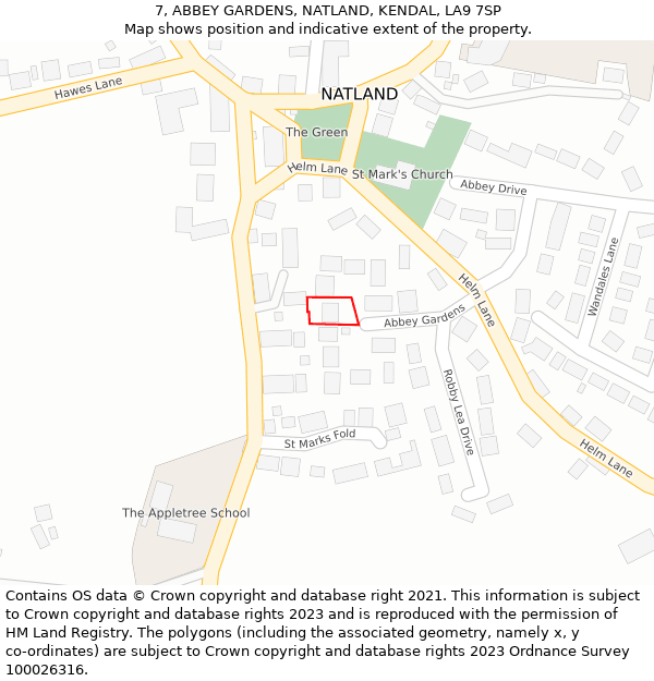 7, ABBEY GARDENS, NATLAND, KENDAL, LA9 7SP: Location map and indicative extent of plot