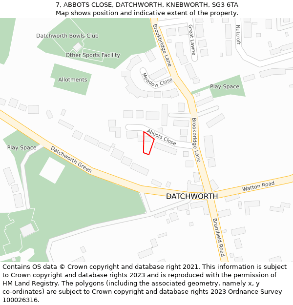 7, ABBOTS CLOSE, DATCHWORTH, KNEBWORTH, SG3 6TA: Location map and indicative extent of plot