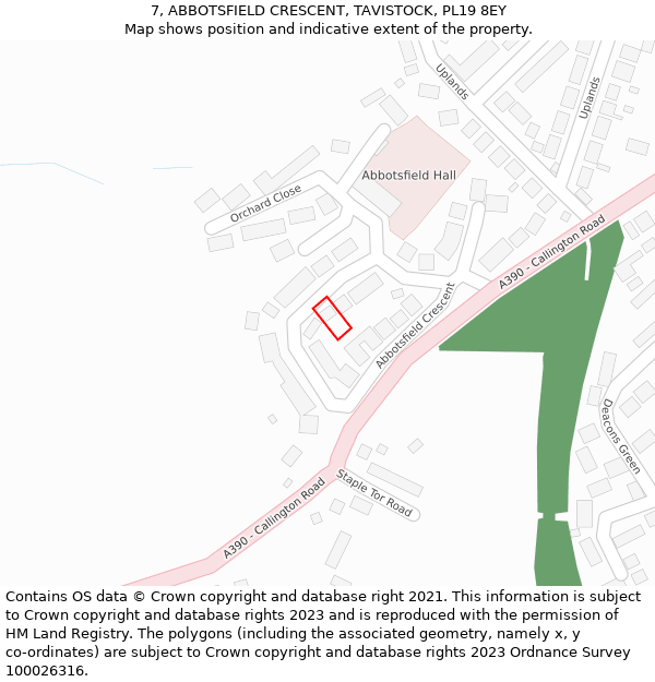 7, ABBOTSFIELD CRESCENT, TAVISTOCK, PL19 8EY: Location map and indicative extent of plot
