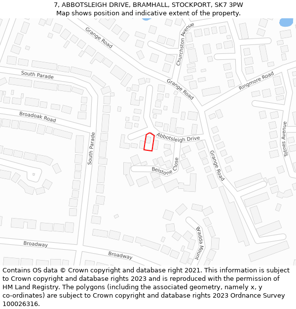 7, ABBOTSLEIGH DRIVE, BRAMHALL, STOCKPORT, SK7 3PW: Location map and indicative extent of plot