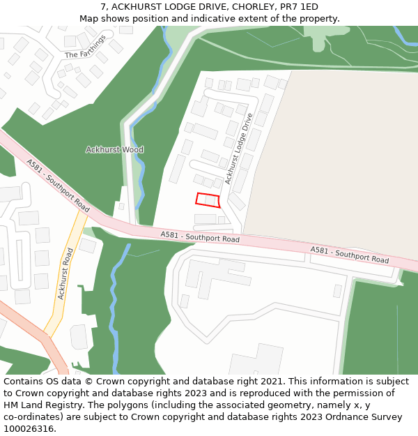 7, ACKHURST LODGE DRIVE, CHORLEY, PR7 1ED: Location map and indicative extent of plot