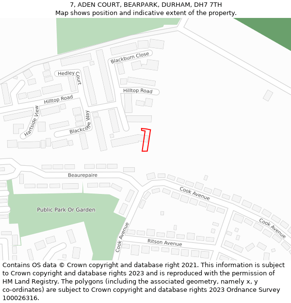 7, ADEN COURT, BEARPARK, DURHAM, DH7 7TH: Location map and indicative extent of plot